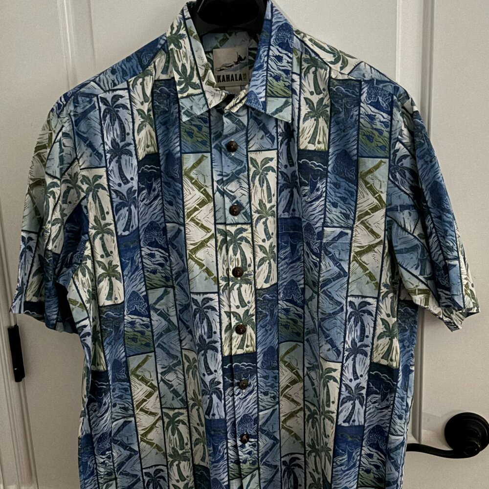Kahala 1936 L Palm Tree Blue & Green Aloha Shirt NWT